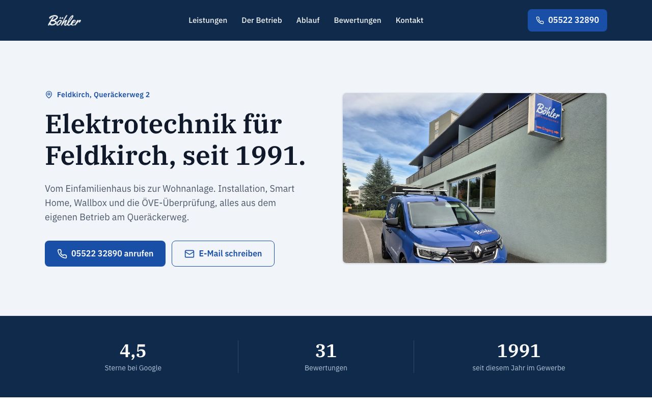 Startseite der vom Builder gebauten Website für Böhler Elektrotechnik, Desktop-Ansicht